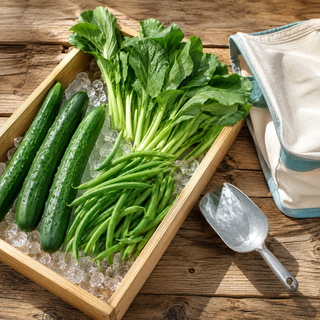 氷を敷いた木箱に並ぶ、洗いたての夏野菜と金物のスコップ