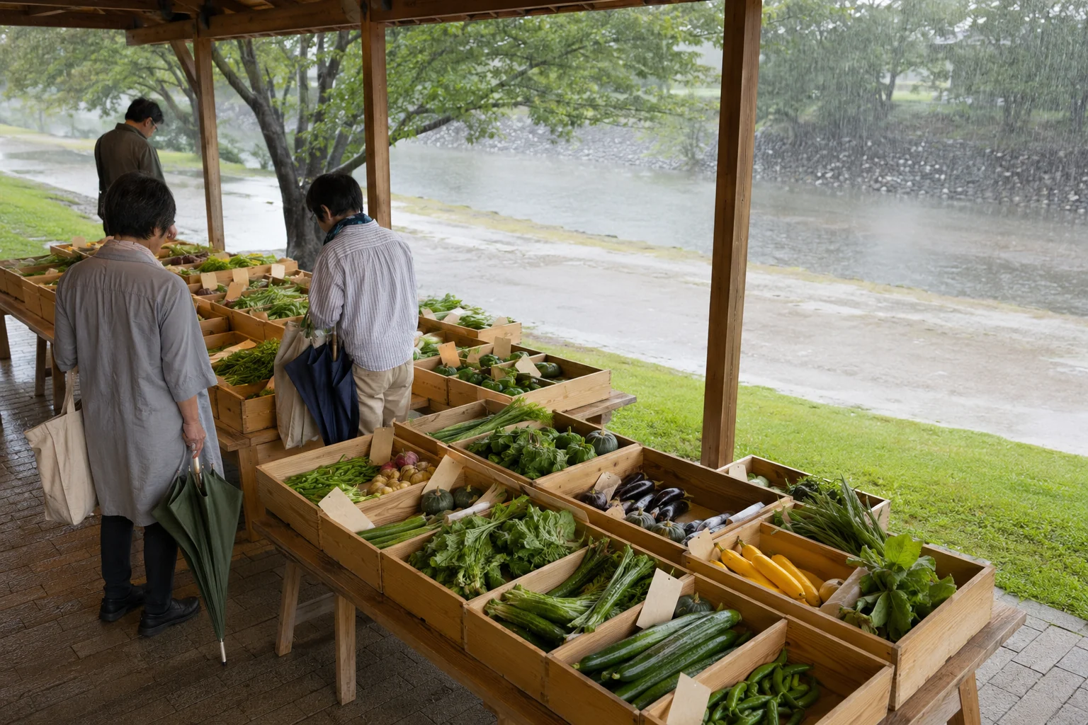 雨の日に東屋の屋根の下へ移した市の棚